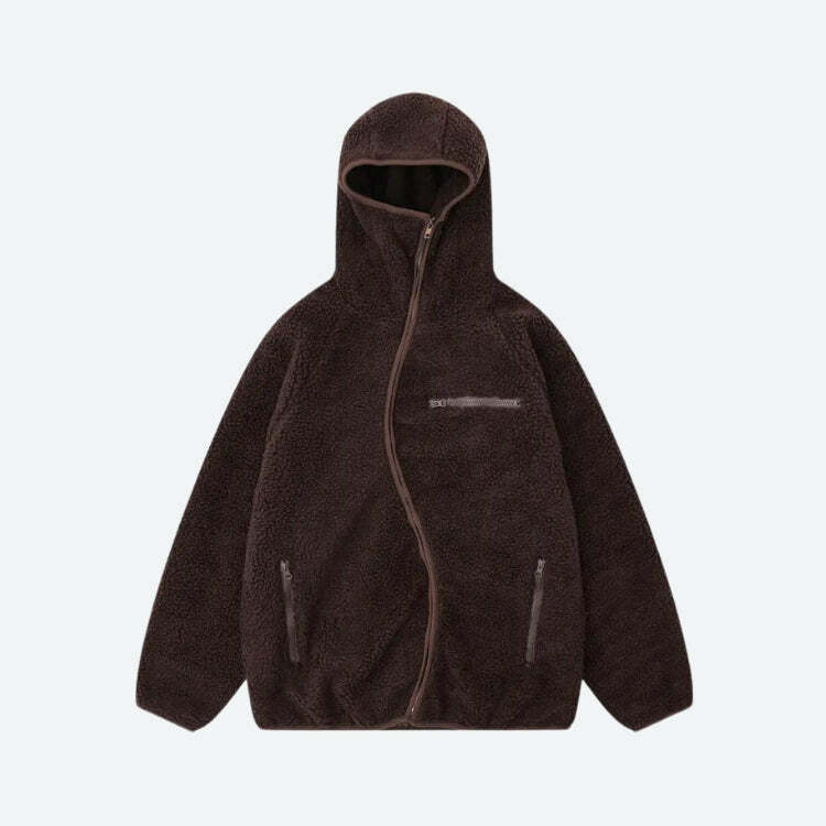 Y2K Grunge Funnel Neck Zip-Up Teddy Hoodie for Retro Summer Vibes