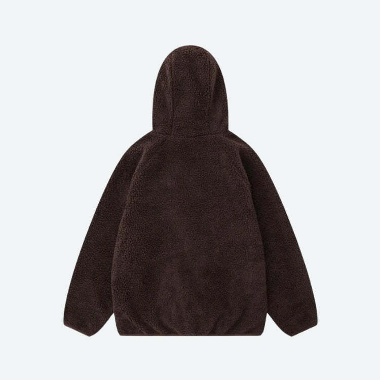 Y2K Grunge Funnel Neck Zip-Up Teddy Hoodie for Retro Summer Vibes