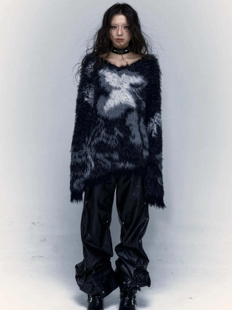 Y2K Grunge Fuzzy Sweater: Retro 90s Fashion for a Cozy Summer Vibe