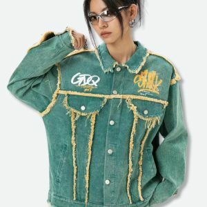 Y2K Grunge Green Denim Jacket for Retro Summer Outfits and 90s Vibes