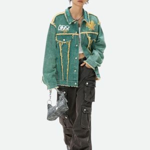 Y2K Grunge Green Denim Jacket for Retro Summer Outfits and 90s Vibes