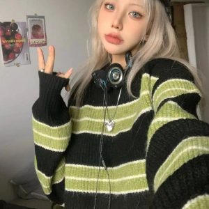 Y2K Grunge Green Striped Crop Sweater for Retro Summer Outfits