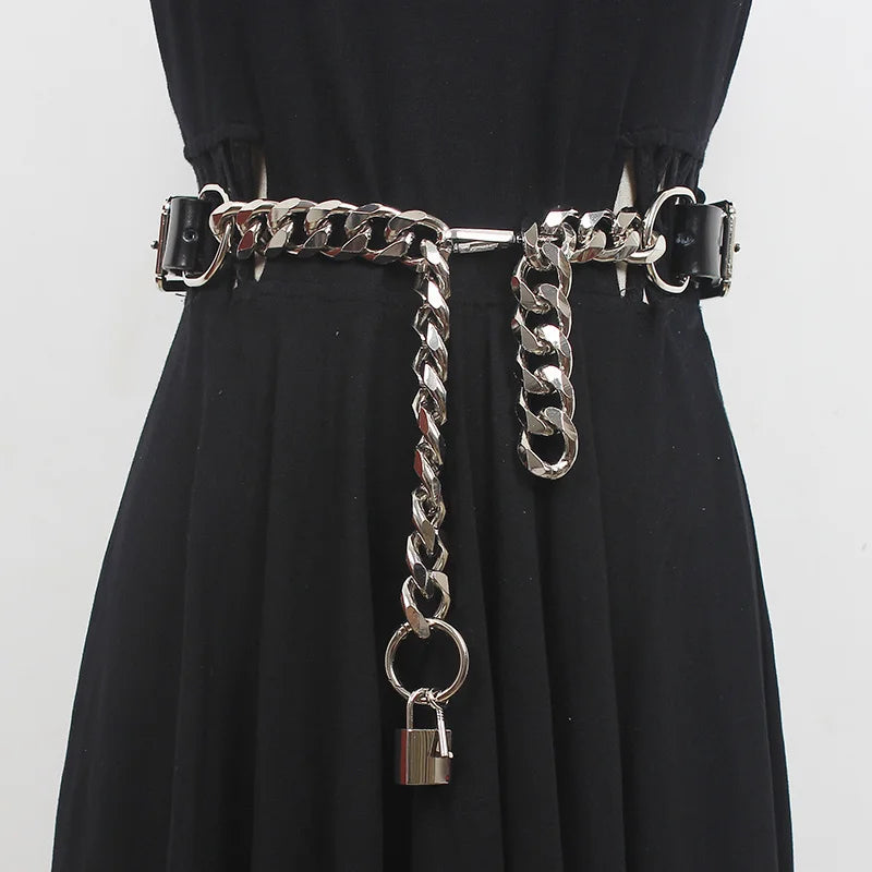 Y2K Grunge Lock Faux Leather Chain Belt for Retro Summer Outfits