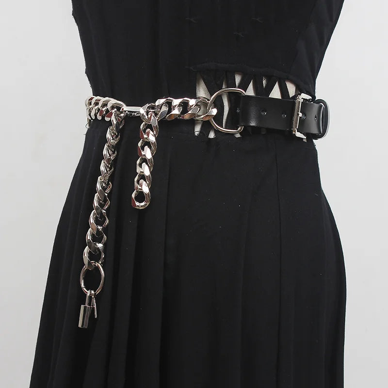 Y2K Grunge Lock Faux Leather Chain Belt for Retro Summer Outfits