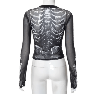 Y2K Grunge Long Sleeve Skeleton Top for Retro Summer Outfits