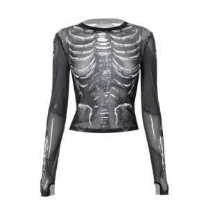 Y2K Grunge Long Sleeve Skeleton Top for Retro Summer Outfits