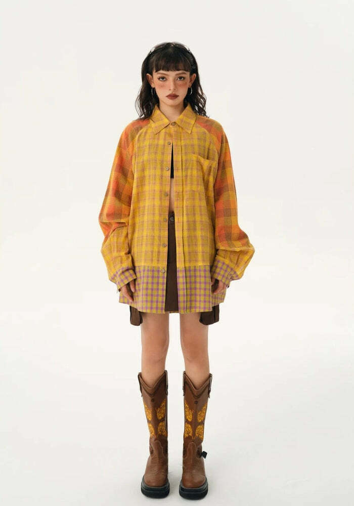 Y2K Grunge Multi-Pattern Plaid Shirt for Retro Summer Outfits