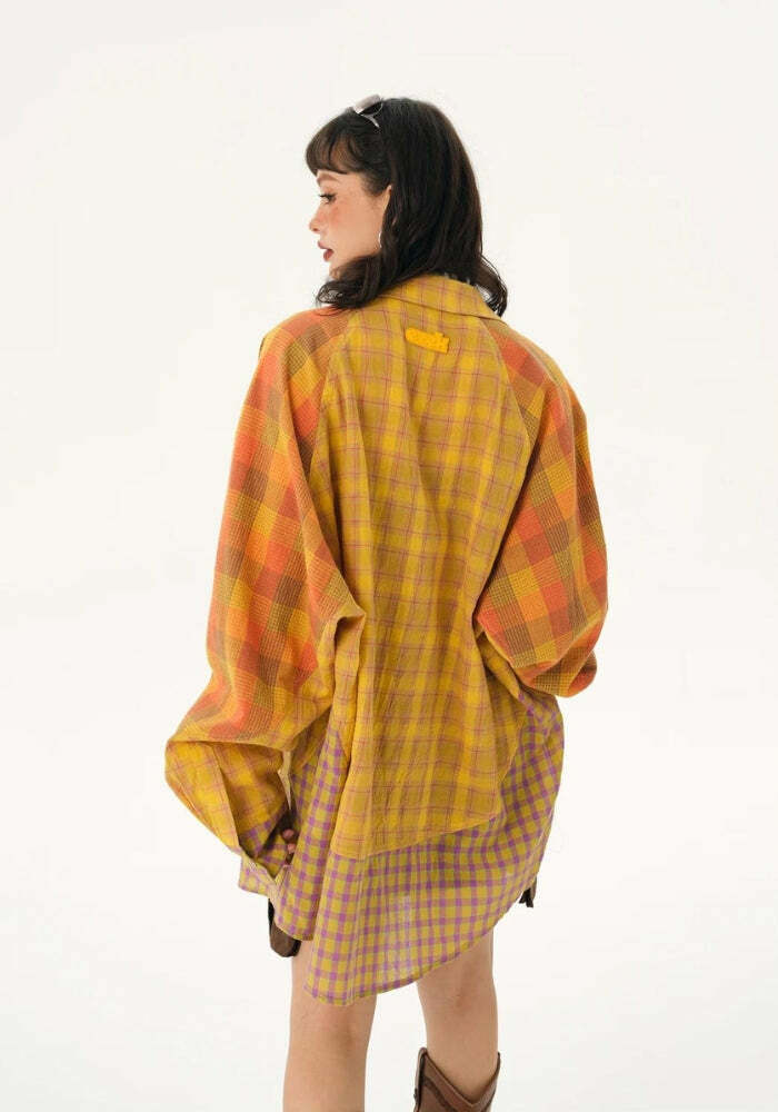 Y2K Grunge Multi-Pattern Plaid Shirt for Retro Summer Outfits