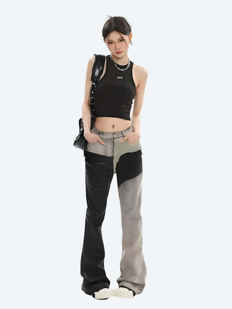 Y2K Grunge Patchwork Flare Pants for Retro Summer Vibes and 90s Style