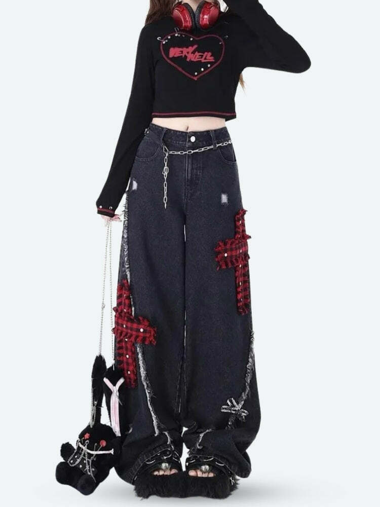 Y2K Grunge Plaid Cross Patch Jeans for Retro Summer Outfits