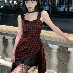 Y2K Grunge Plaid Mini Dress - Retro 90s Summer Outfit for Trendy Women