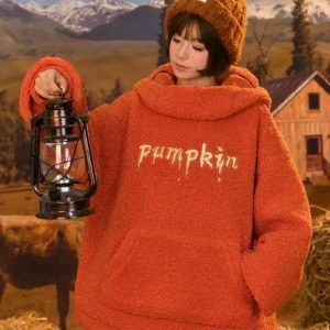 Y2K Grunge Pumpkin Hoodie - Retro 90s Style for Fall Fashion