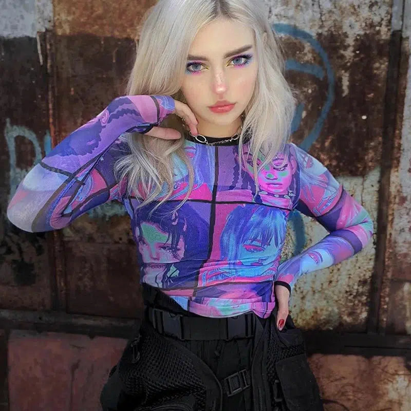 Y2K Grunge Punk Girls Mesh Top for Retro Summer Outfits and Parties