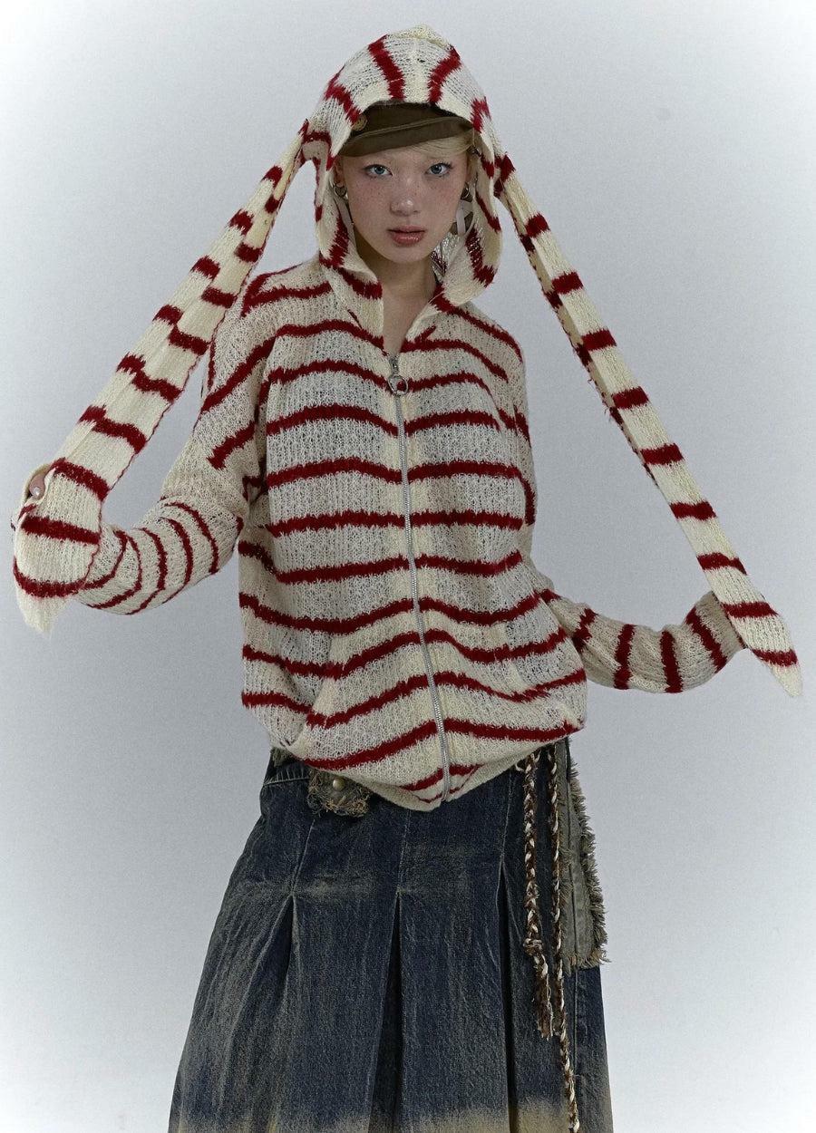 Y2K Grunge Rabbit Ears Hooded Cardigan Jacket for Retro Summer Vibes