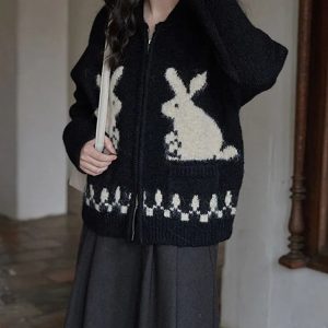 Y2K Grunge Rabbit Knitted Zip Cardigan for Retro Summer Outfits