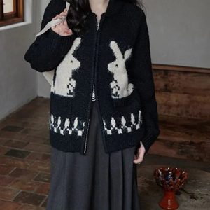 Y2K Grunge Rabbit Knitted Zip Cardigan for Retro Summer Outfits