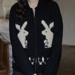 Y2K Grunge Rabbit Knitted Zip Cardigan for Retro Summer Outfits