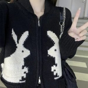 Y2K Grunge Rabbit Knitted Zip Cardigan for Retro Summer Outfits