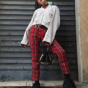 Y2K Grunge Red Checkered Pants for Retro Summer Outfits and Parties