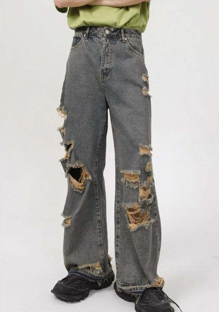 Y2K Grunge Ripped Straight Leg Jeans for Retro Summer Outfits