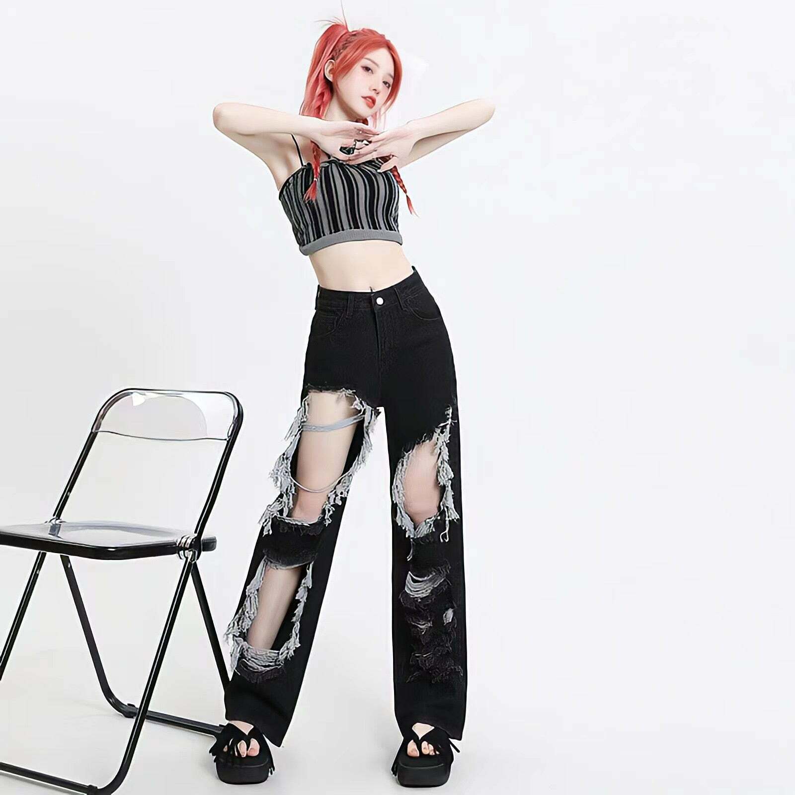 Y2K Grunge Ripped Wide Leg Jeans for Retro Summer Outfits