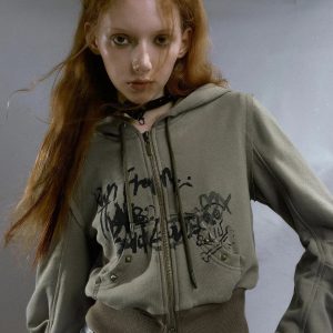 Y2K Grunge Ruched Sleeve Hoodie for Trendy Summer Outfits