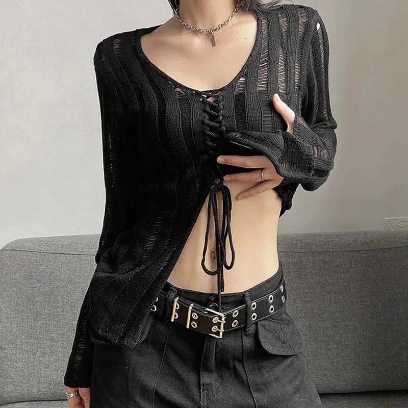 Y2K Grunge Sheer Lace-Up Knitted Top for Retro Summer Outfits