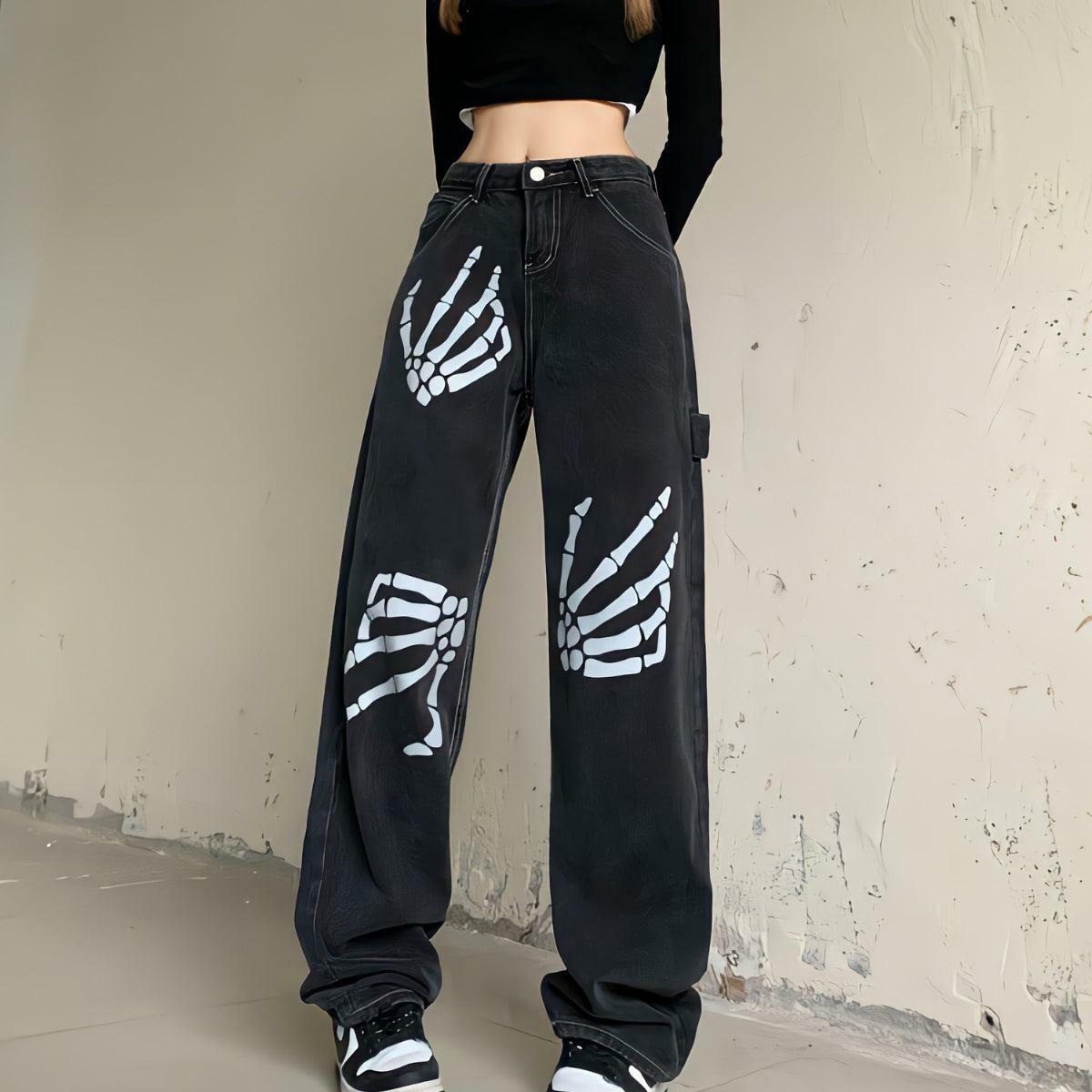 Y2K Grunge Skeleton Hand Printed Jeans for Retro Summer Vibes