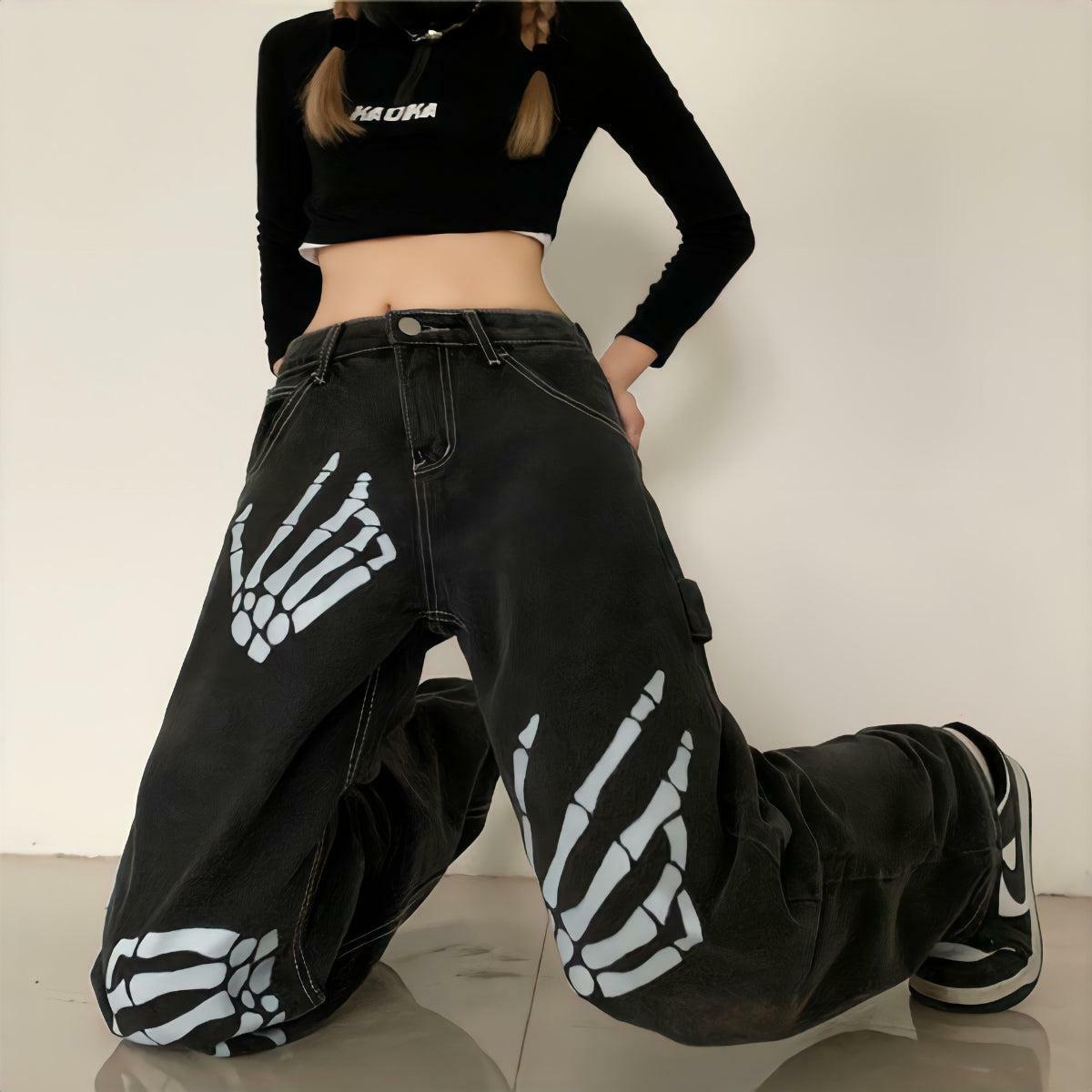 Y2K Grunge Skeleton Hand Printed Jeans for Retro Summer Vibes