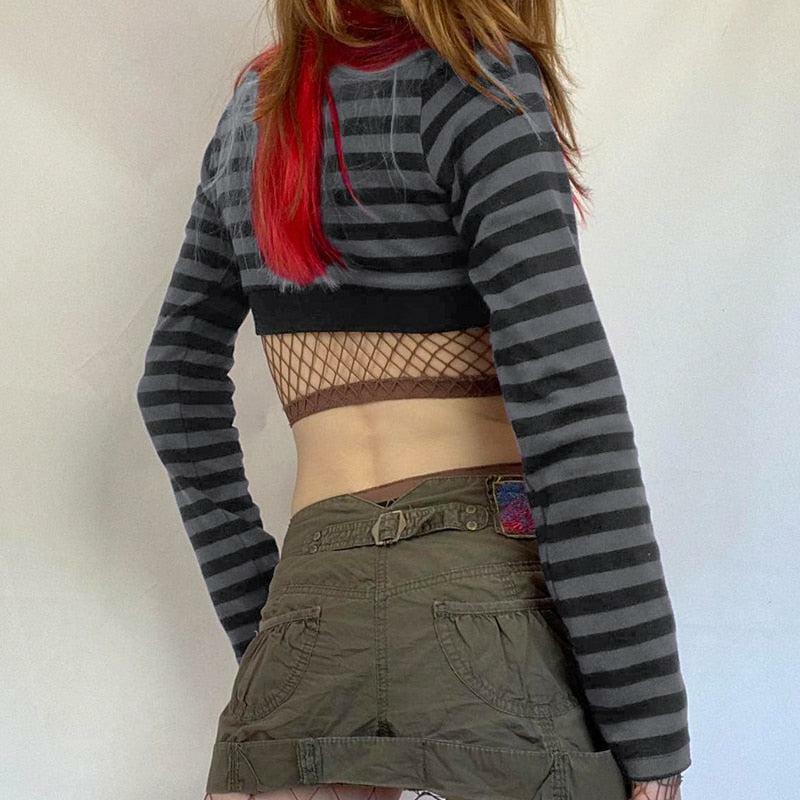 Y2K Grunge Striped Button-Up Crop Top for Retro Summer Outfits