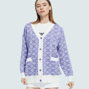 Y2K Grunge Style Buttoned Purple Cardigan for Retro Summer Outfits