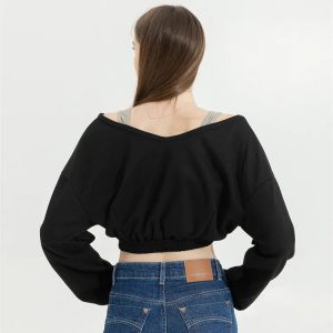 Y2K Grunge Style Detailed Wide Neck Crop Sweatshirt for Trendy Looks