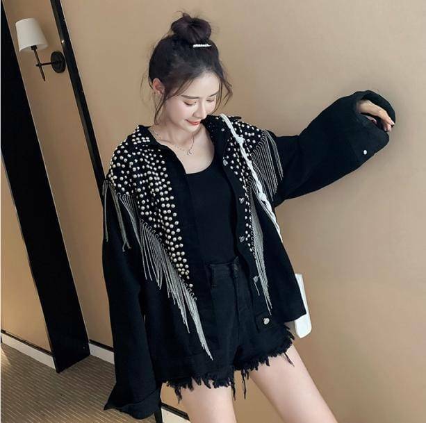 Y2K Grunge Tassel Black Jacket for Retro Summer Outfits and Parties