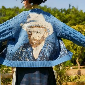 Y2K Grunge Van Gogh Self Portrait Cardigan for Retro Summer Style