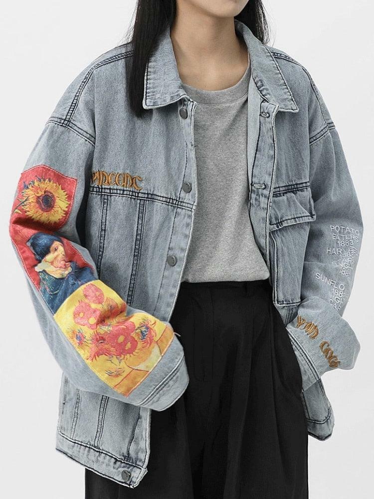 Y2K Grunge Vincent Van Gogh Denim Jacket for Retro Summer Outfits