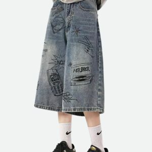 Y2K Grunge Wide Leg Denim Shorts for Trendy Summer Outfits