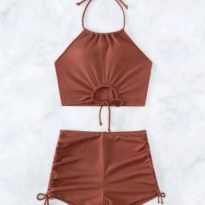 Y2K Halter Top & Swim Shorts Bikini Set for Trendy Summer Vibes