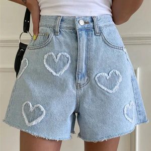 Y2K Heart Patch Denim Shorts - Trendy Summer Outfit for Retro Vibes