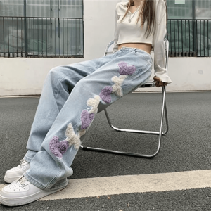 Y2K Heart Patchwork Straight Leg Jeans for Retro Summer Vibes