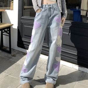 Y2K Heart Patchwork Straight Leg Jeans for Retro Summer Vibes