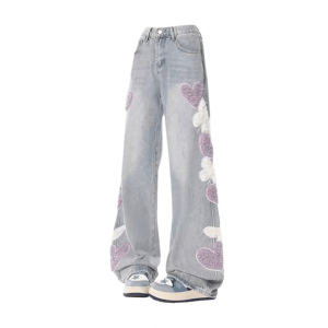 Y2K Heart Patchwork Straight Leg Jeans for Retro Summer Vibes