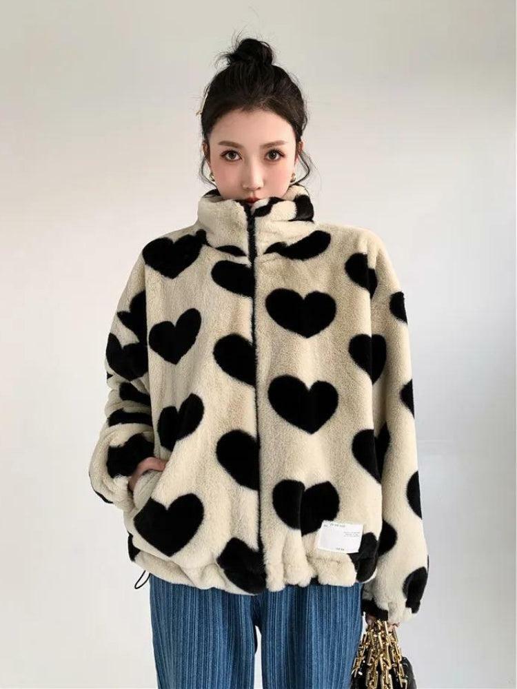 Y2K Heart Pattern Teddy Jacket - Retro Grunge Style for Summer Outfits