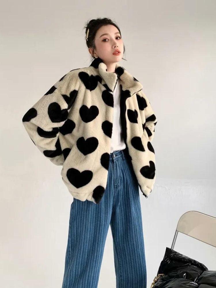 Y2K Heart Pattern Teddy Jacket - Retro Grunge Style for Summer Outfits