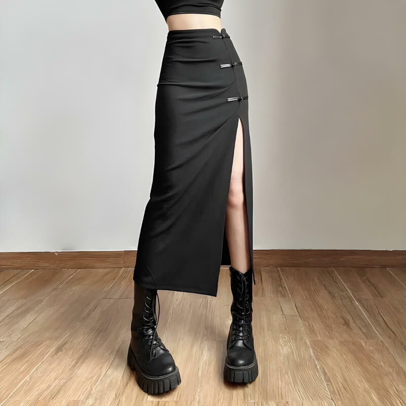 Y2K High Split Midi Pencil Skirt - Dark Academia Inspired Fashion