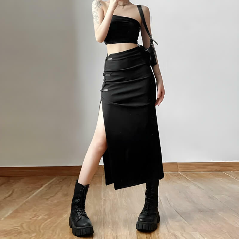 Y2K High Split Midi Pencil Skirt - Dark Academia Inspired Fashion