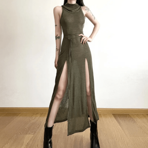 Y2K Hooded Slit Maxi Dress - Trendy Summer Outfit for Retro Vibes