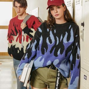 Y2K Indie Flame Knitted Sweater - Retro 90s Grunge Style Top