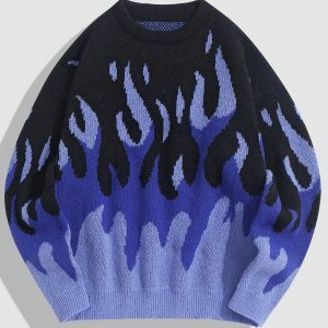 Y2K Indie Flame Knitted Sweater - Retro 90s Grunge Style Top