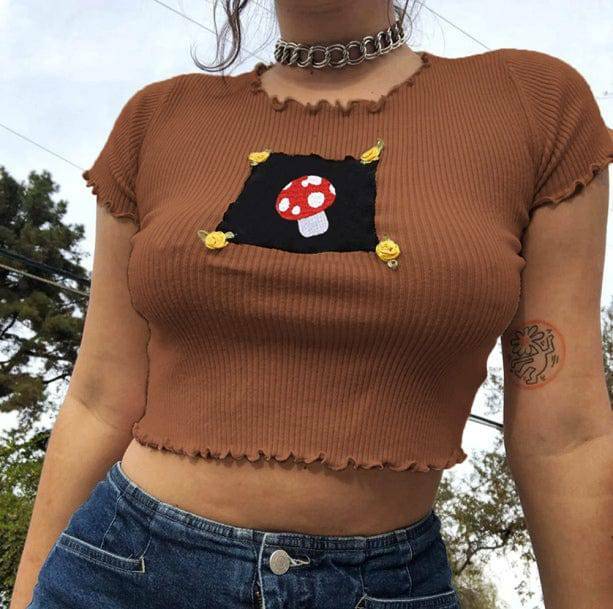 Y2K Indie Mushroom Crop Top - Retro Grunge Summer Outfit Essential