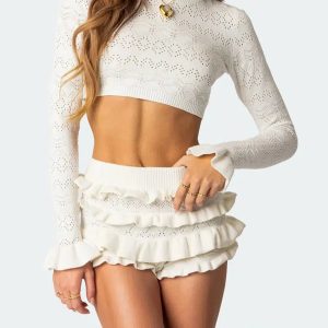 Y2K Knitted Crop Top & Ruffled Shorts Set for Trendy Summer Vibes